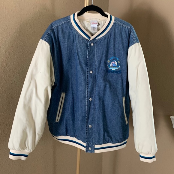 Vintage Disney Store Eeyore Denim Varsity Jacket Size L Winnie the Pooh - Picture 1 of 10